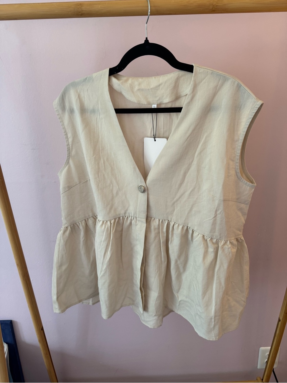 Cream Peplum V-Neck Button Tank Top with Wide Leg Pants, Matching Set